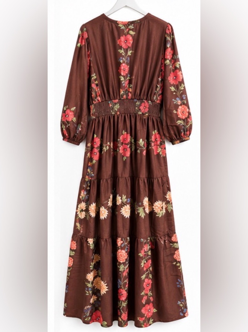 Polagram NWT Brown Floral Smocked Waist Tiered Maxi Dress L Pockets - Picture 3 of 7